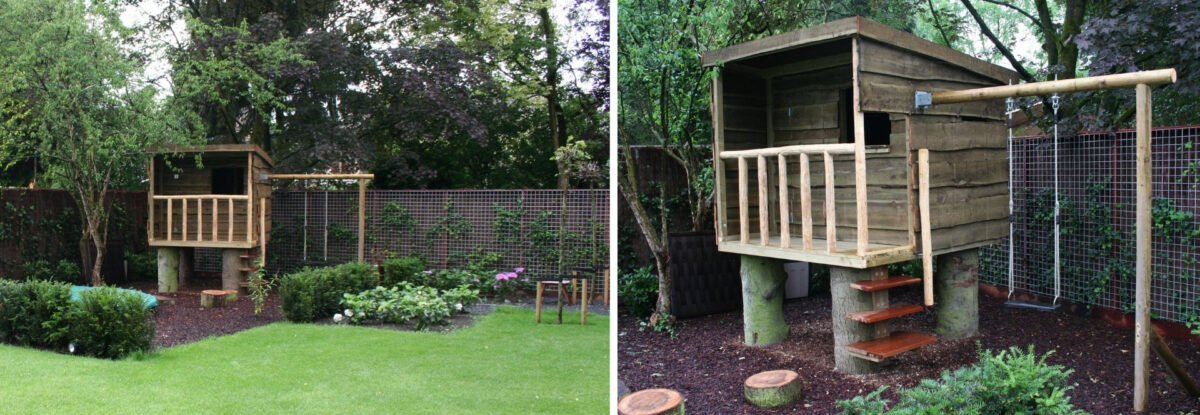 Tuinontwerp met boomhut en schommel en trampoline