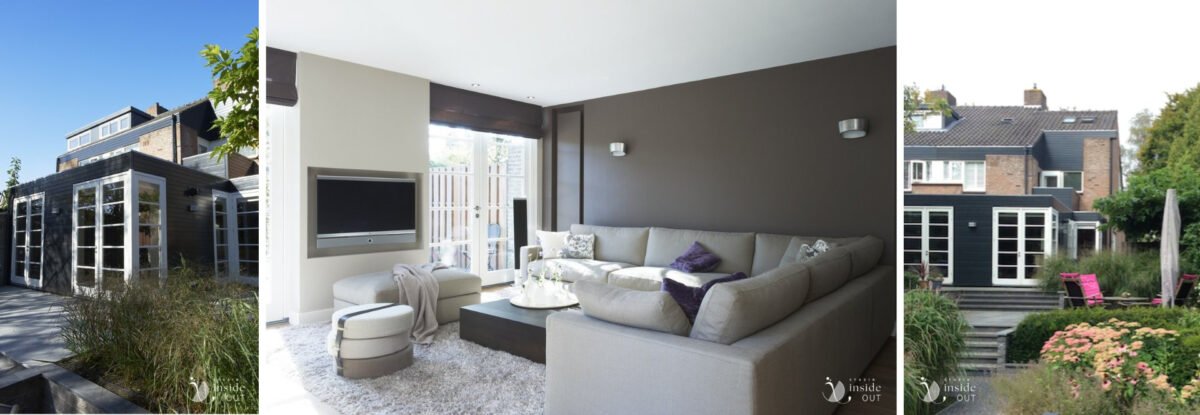 Verbouwing 2 onder 1 kap woning en aanbouw en tuinontwerp in Baarn.