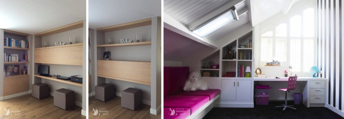 meubel maatwerk afsluitbare werkplek in woonkamer en kinder slaapkamer.