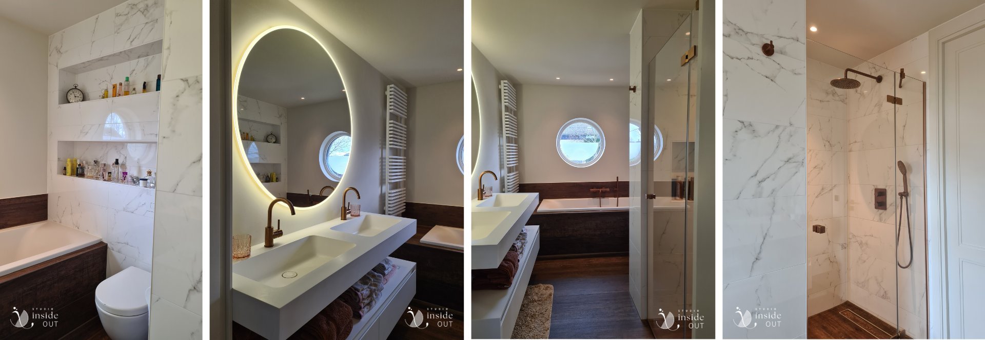 Badkamer met bad, douche en dubbele wastafel en toilet met wit marmeren wandafwerking