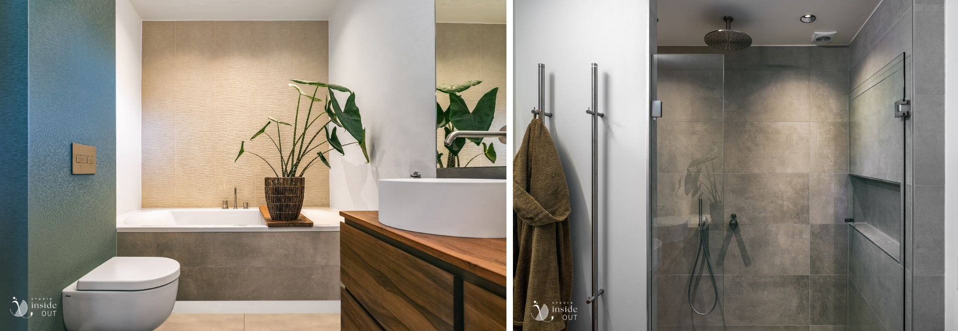 Badkamer met tegels en watervast vinyl behang en dubbele douche