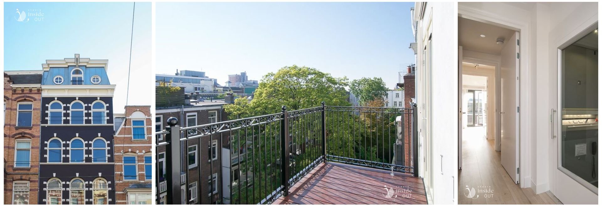 Vooraanzicht van de dubbele opbouw. Het balkon. De overloop van de vierde verdieping met de ingebouwde lift.