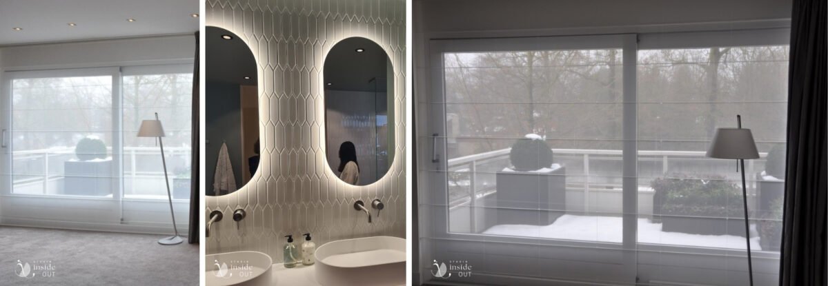 Beplanting balkon en badkamer met spiegels met indirecte verlichting en waskommen van  solid surface