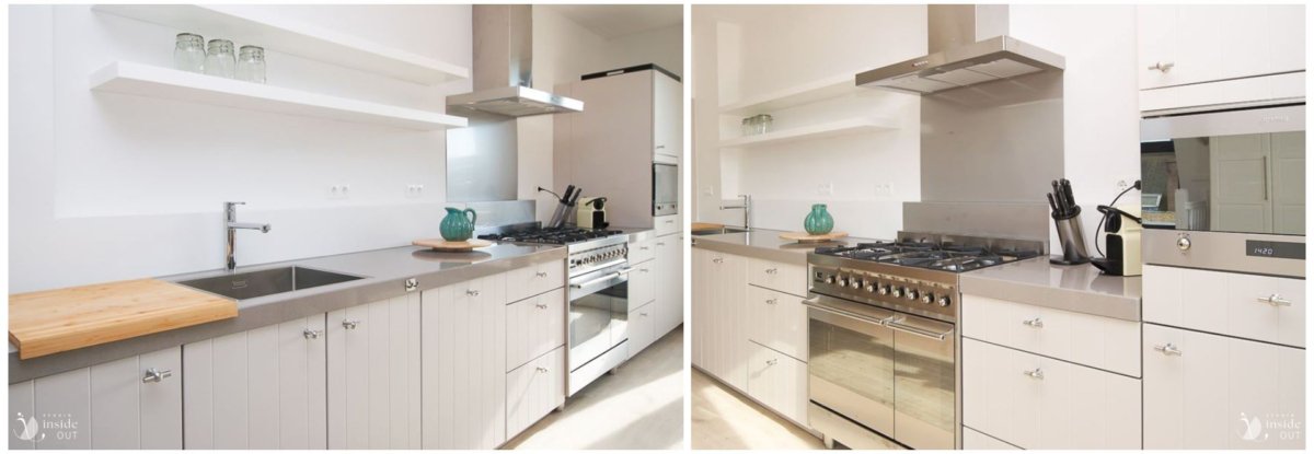 De keuken met gestucte muren en blind bevestigde planken en een licht keramiek werkblad