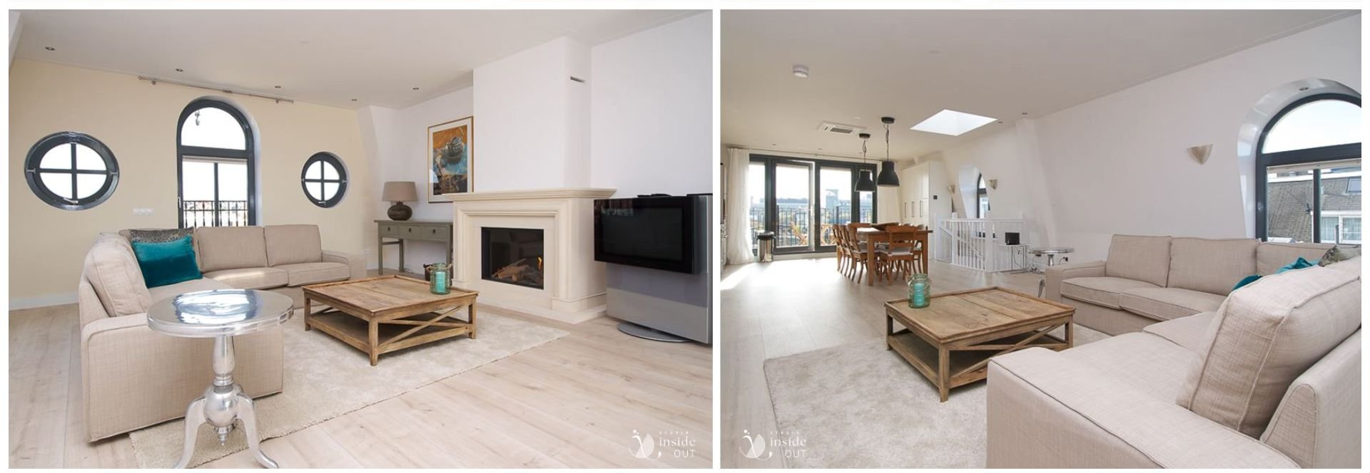 Woonkamer op de vijfde verdieping met ashaard en uitzicht over Amsterdam