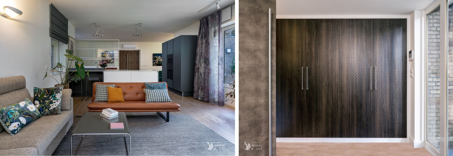 Open keuken  met barelement en garderobe hal met lederen woonkamerdeur