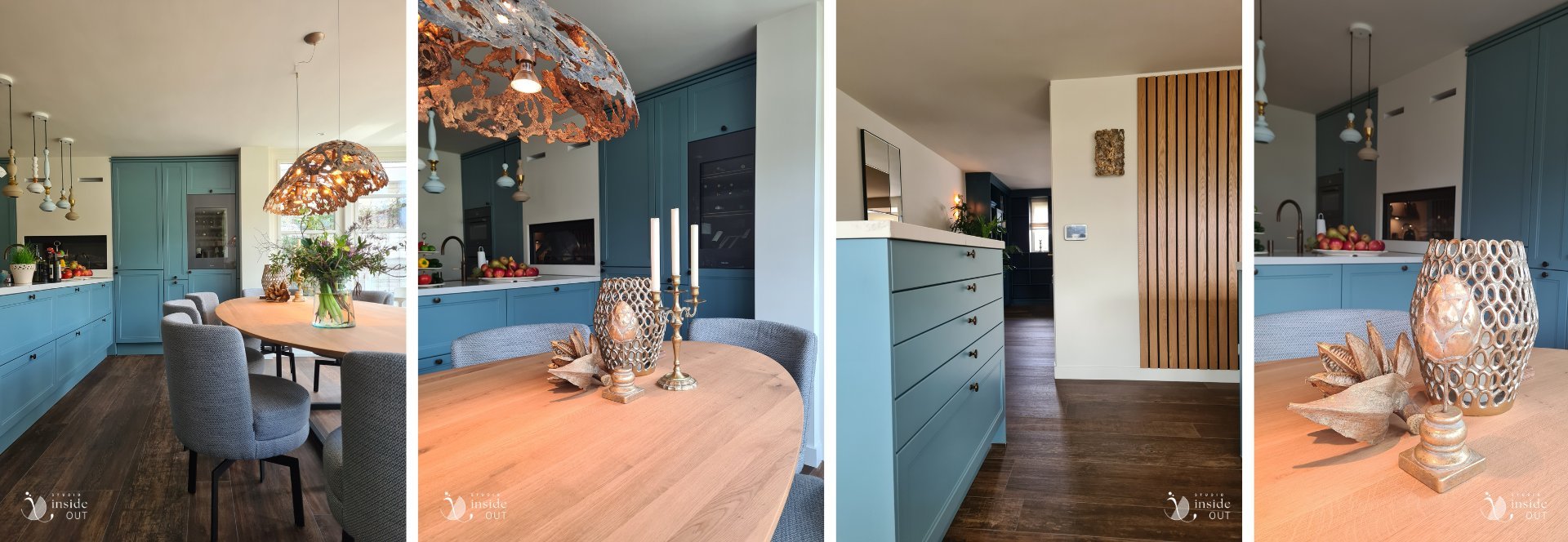 Grote ovale eikenhouten eettafel en tweede keukeneiland met aanweerszijde krukken en op de kop een ladenkast