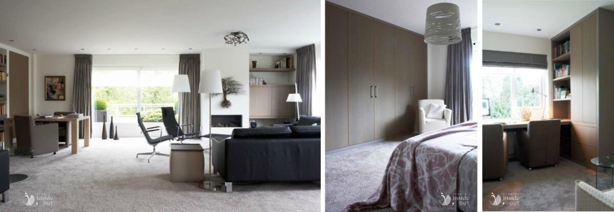 Meubel maatwerk werkplek en zithoek woonkamer en werk- annex logeerkamer met slaapbank.